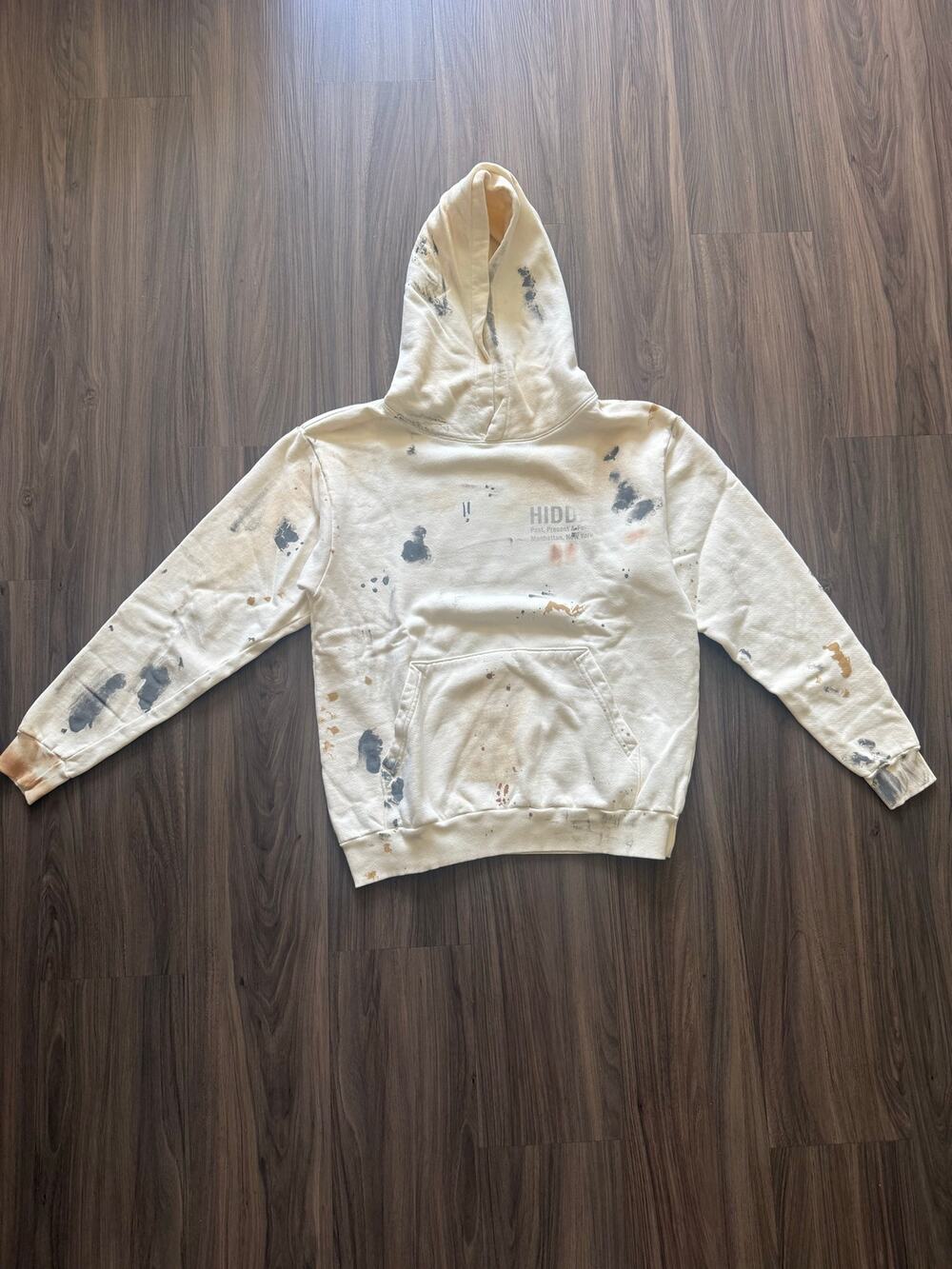 Hidden NY H Logo Painted Hoodie Cream Paint Splatter Men’s Size S